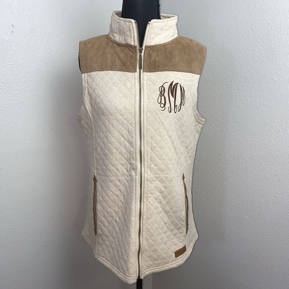 Marley Lilly Quilted Vest Women M Medium Tan Full Zip Sleeveless Lined Pockets